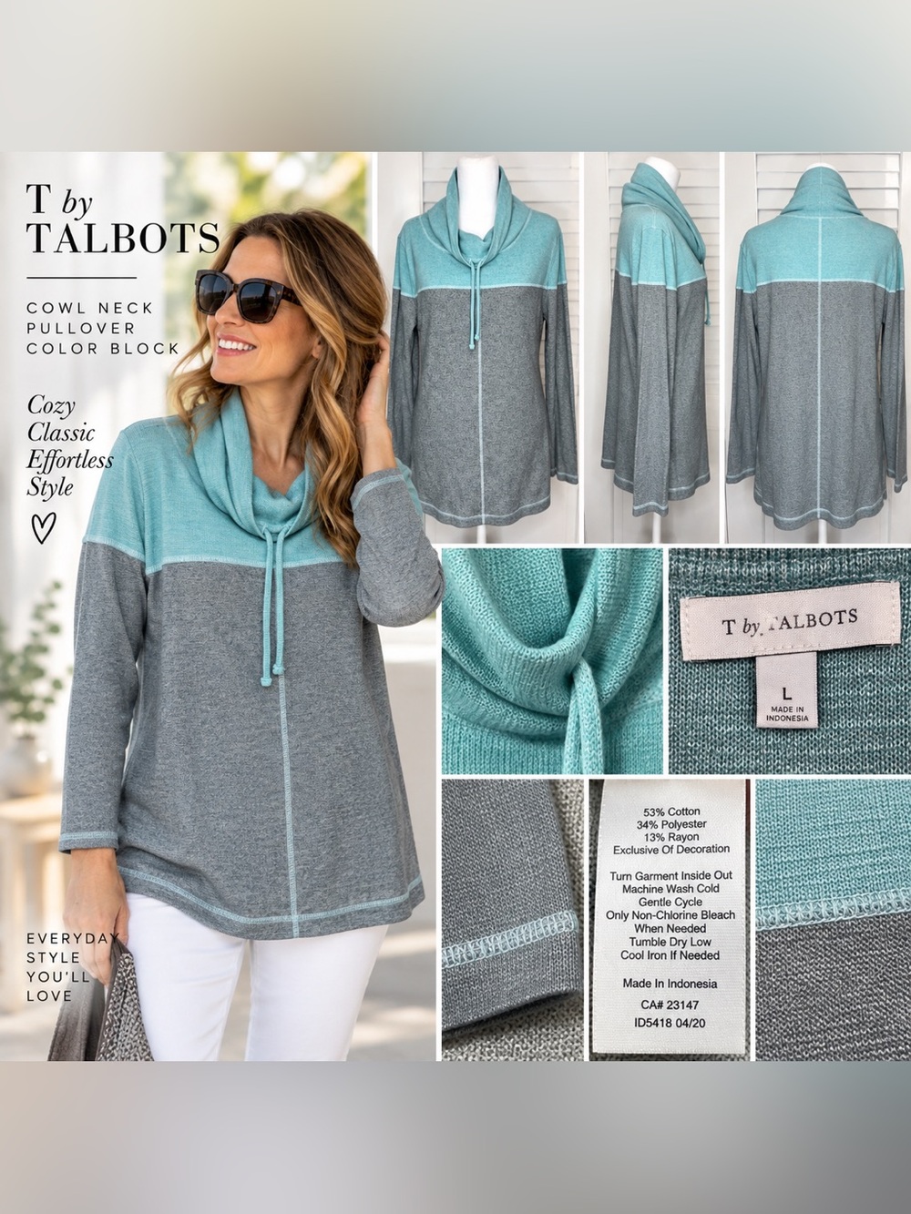 T by Talbots Colorblock Waffle Knit Cowl Neck Pullover Size L